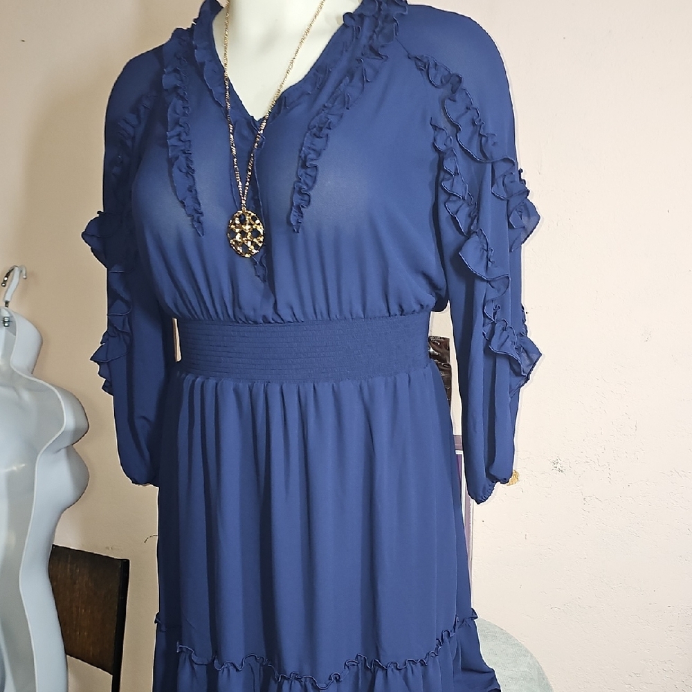 Chico's Blue Ruched Ruffle Sundress V-Neck - Picture 3 of 8